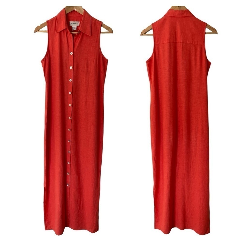 Vintage BellePointe Linen Blend Maxi Dress Sz S Orange Button Front Vacation GUC
